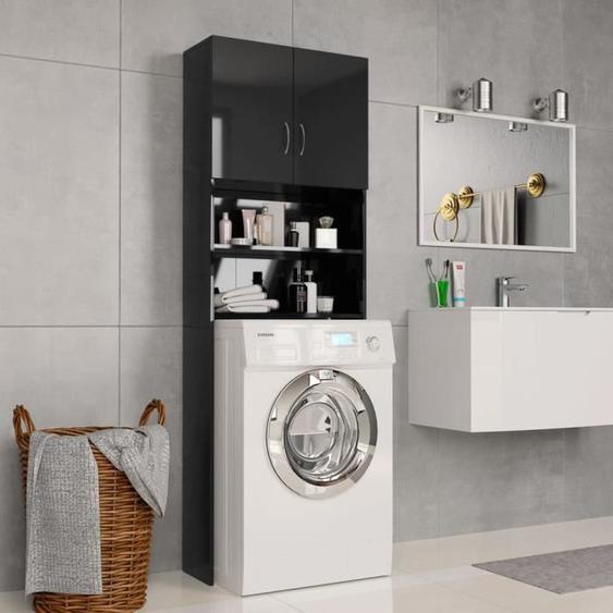 Meuble pour machine à laver -Meuble de salle de bain Armoire de rangement Meuble lavabo évierNoir brillant 64 x 25,5 x 190 cm
