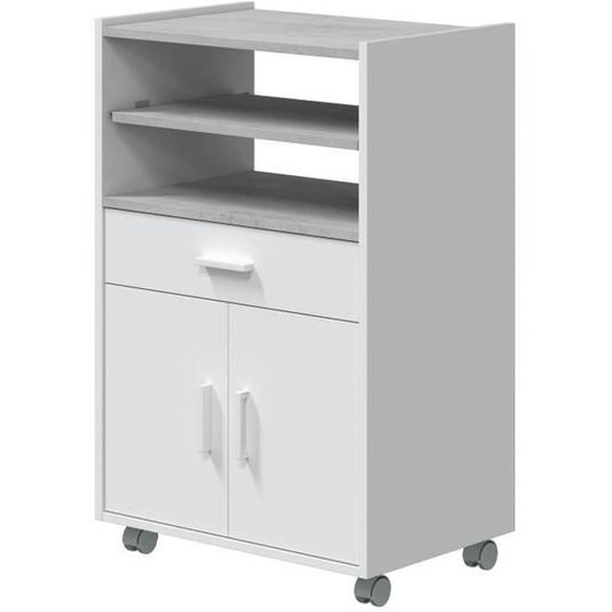 Meuble pour micro-ondes sur roulette en bois mélaminé blanc effet béton - Longueur 59 x Profondeur 40 x Hauteur 92 cm