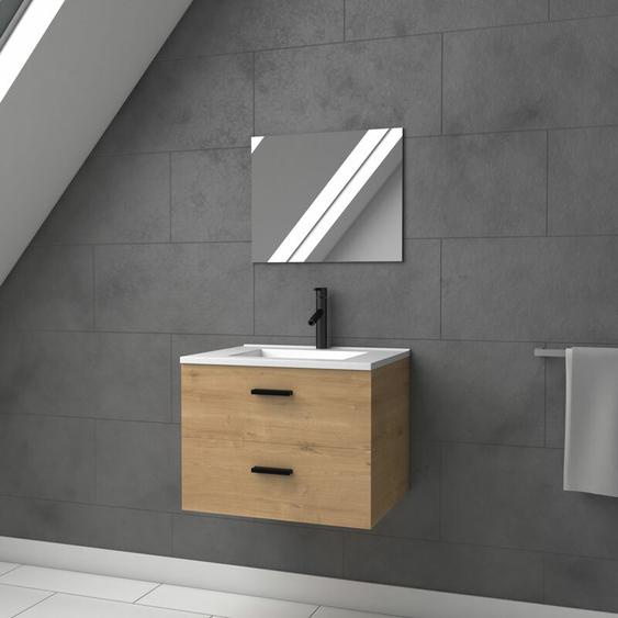 Aurlane - Meuble salle de bain 60 cm suspendu 2 tiroirs finition Bois avec vasque et miroir - box-in 60 wood