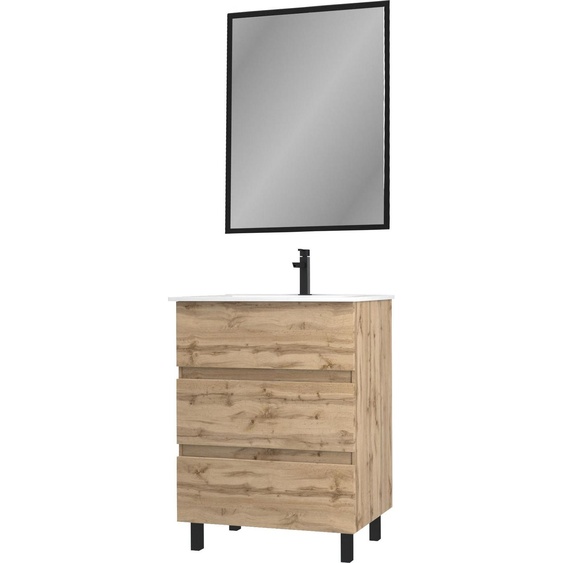 Meuble salle de bain 60 x 80 - Finition chene naturel + vasque blanche + miroir - TIMBER 60 - Pack15