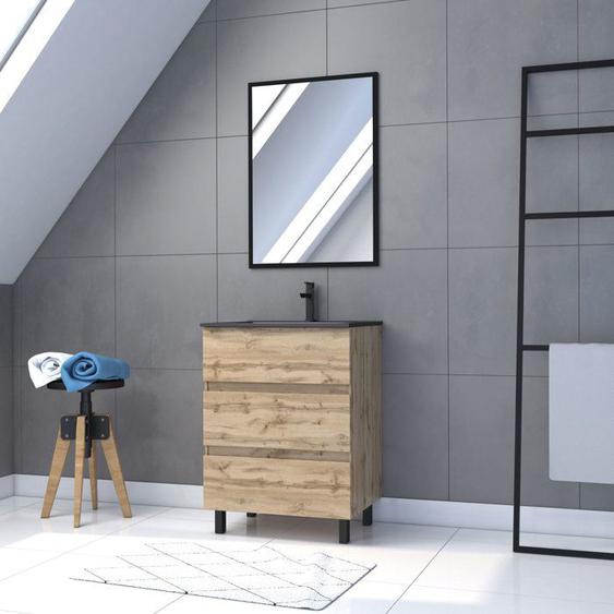 Pack Meuble SDB 60cm sur pieds 3 tiroirs Chene_Vasque noire + Miroir - TIMBER 60_Pack13