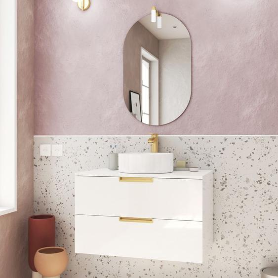 Meuble Salle de Bains 80cm Laqué Blanc et Or Doré 2 Tiroirs - Vasque Blanche - Miroir &amp  Applique Led