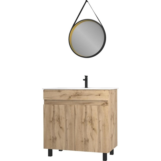 Meuble salle de bain 80x80 -Finition chene naturel + vasque blanche + miroir barber-TIMBER 80-Pack28