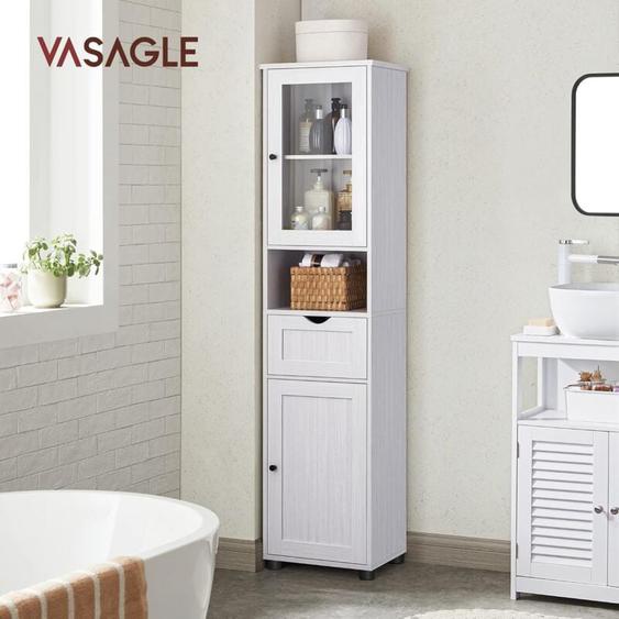 Vasagle - Meuble Salle de Bain, Colonne avec Étagères Réglables, 40 x 30 x 165 cm, Placards à Porte, Tiroir, Compartiment, Blanc érable