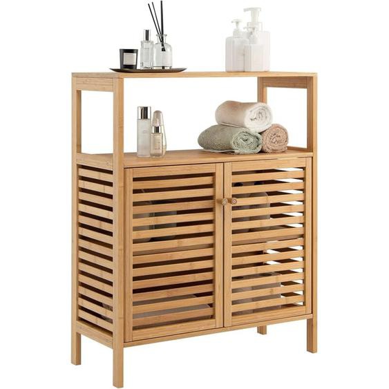 Meuble Salle de Bain en Bambou/Rangement de Salle de Bain-Étagère Amovible et 2 Portes Persiennes-64x27,5x80cm Naturel - Costway