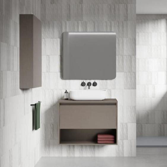 Meuble salle de bain suspendu avec vasque posée NIWA TOP fumé sablé 80 cm   Miroir inclus