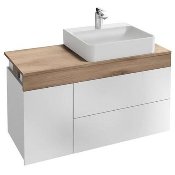 Meuble salle de bain suspendu Sully 103cm - Jacob Delafon - Vasque à poser à droite - Décor chêne et blanc