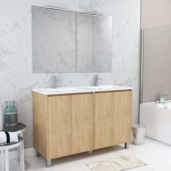 Meuble Salle de Bains 120 cm Chêne Clair 4 Portes, Vasque, Miroirs 60x80 et Réglettes Led - XENOS