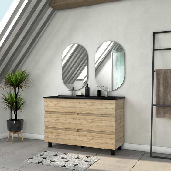 Meuble Salle de Bains 120cm 6 Tiroirs Chêne Naturel + Vasque Noire et Miroirs Ovales
