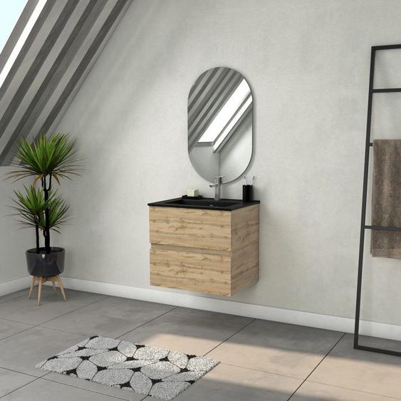 Meuble Salle de Bains 60cm 2 Tiroirs Chêne Naturel + Vasque Noire et Miroir Ovale