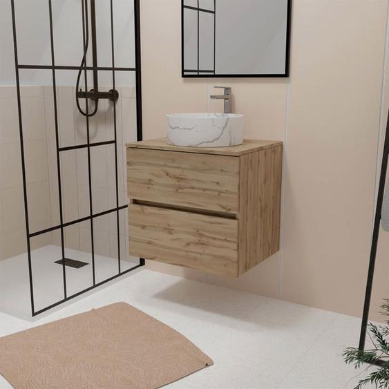 Meuble Salle de Bains 60cm 2 Tiroirs Chêne Naturel + Vasque Ronde Diamètre 36cm Blanche Effet Marbre