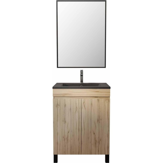 Meuble salle de bains 60cmReproduction chene naturel 2 portes - Vasque noire et Miroir - TIMBER