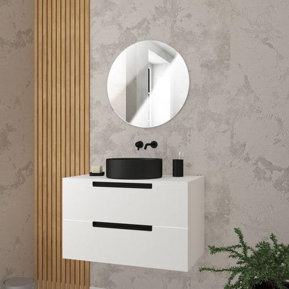 Meuble salle de bains 80cm Blanc Laque 2 tiroirs - Vasque Noire 36cm et Miroir Rond 60cm