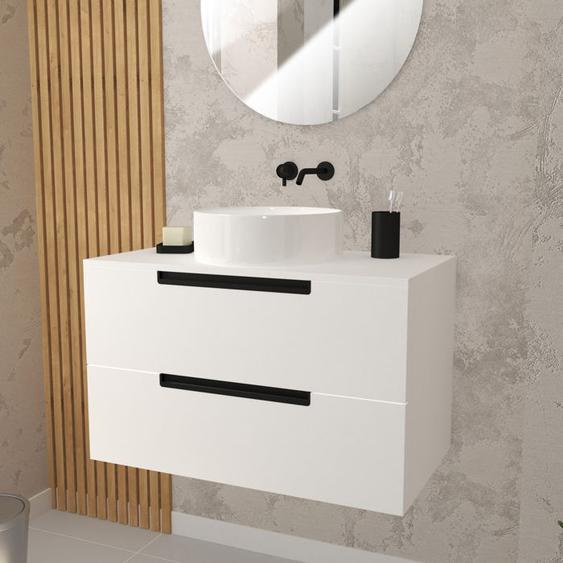 Meuble salle de bains 80 cm Blanc Laque a suspendre - 2 tiroirs - Vasque Blanche 36 cm