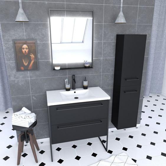 Meuble Salle de Bains 80 cm, Vasque Blanche, Miroir Led et Colonne - Noir - AURLANE - STRUCTURA