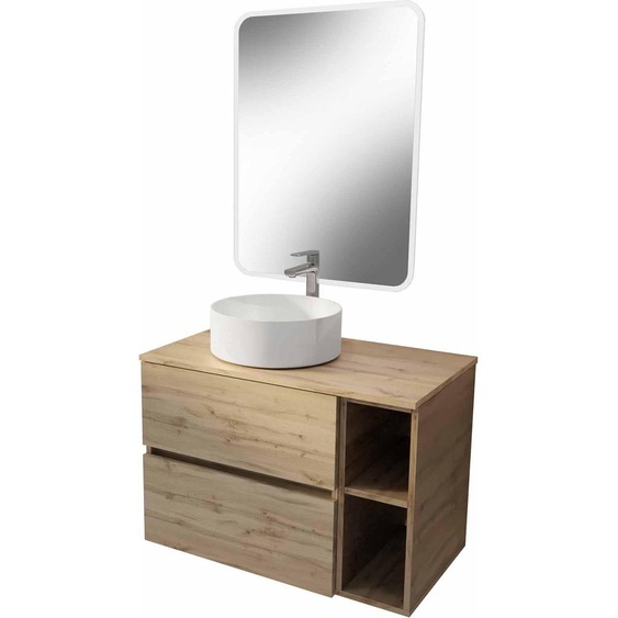 Meuble salle de bains 80 TIMBERReproduction Chêne Tiroirs + Module - Vasque Blanche - Miroir 60x80 LED