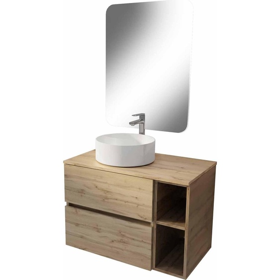 Meuble salle de bains 80 TIMBERReproduction Chêne Tiroirs + Module - Vasque Blanche - Miroir 60x80