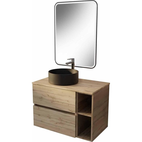 Meuble salle de bains 80 TIMBERReproduction Chêne Tiroirs + Module - Vasque et Miroir 60x80 LED bord Noir