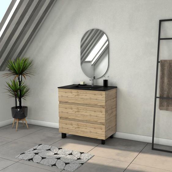 Meuble Salle de Bains 80cm 3 Tiroirs Chêne Naturel + Vasque Noire et Miroir Ovale