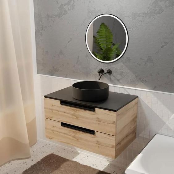 Meuble salle de bains 80cm Decor Bois et Noir, 2 Tiroirs, Vasque Noire 36cm et Miroir Led 50cm