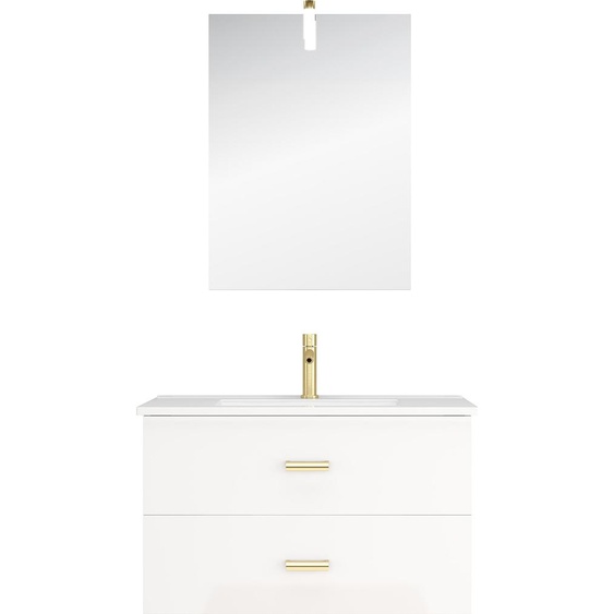 Meuble Salle de Bains 80cm Laqué Blanc et Or Doré à Tiroirs avec Vasque - Miroir & Applique Led