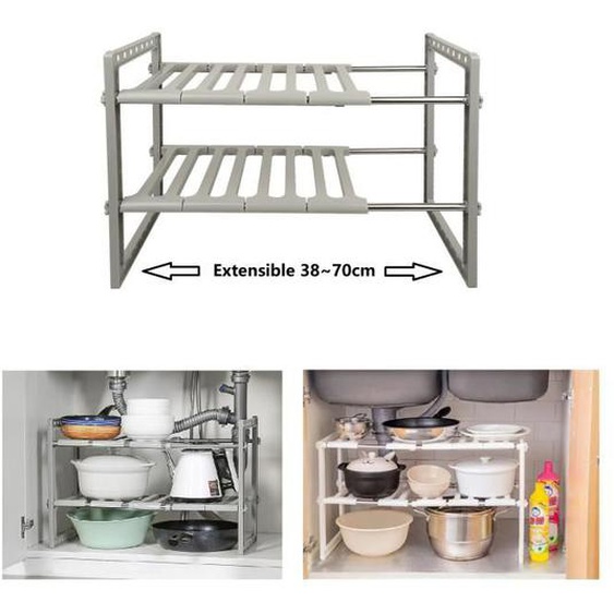 Meuble sous évier de cuisine Gris - WILLONIN - Etagère extensible 38-70cm - Rangement pour salle de bain