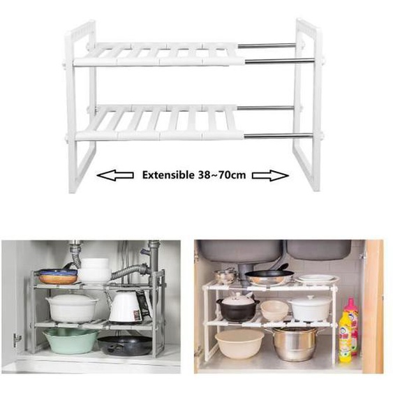 Meuble sous évier - WILLONIN - Etagère extensible 38-70cm - Blanc - Rangement cuisine et salle de bain