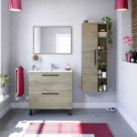 Meuble sous vasque 2 tiroirs 80 cm + vasque + miroir + colonne Chêne - ENATHA - Bois