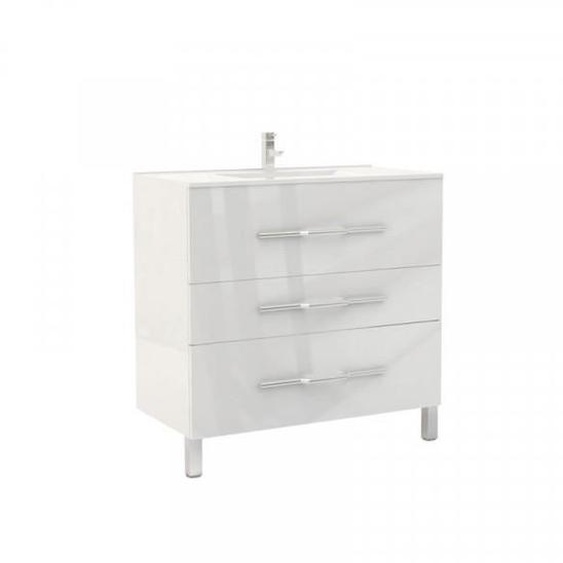 Meuble sous vasque 3 tiroirs 90 cm Blanc - LANA - Bois - Salle de bain