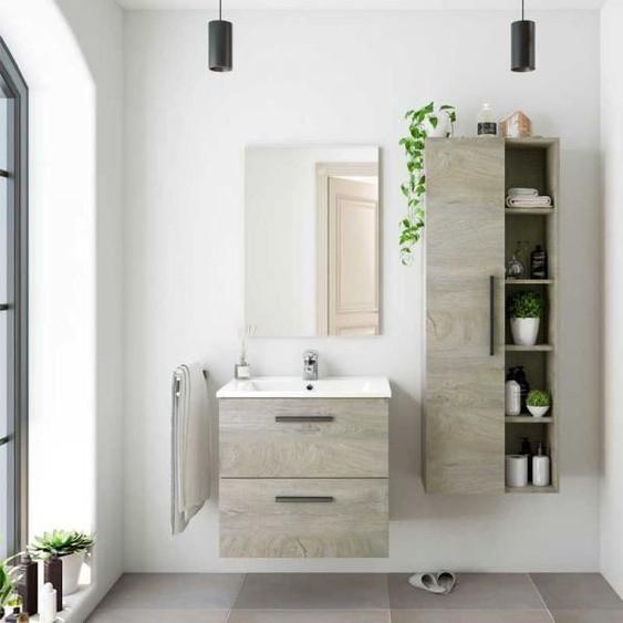 Meuble sous vasque 60 cm + vasque + miroir + colonne Chêne - BRABU - Bois clair