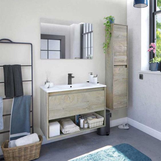 Meuble sous vasque 80 cm + vasque + Miroir + Colonne Chêne - BIGRA - Bois clair