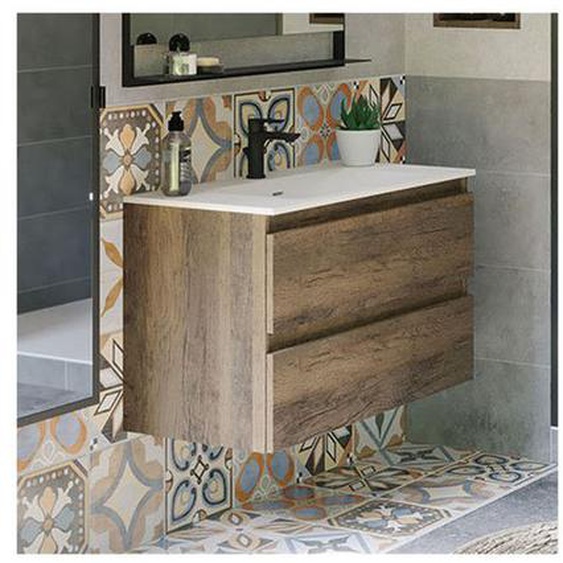 Meuble sous-vasque 90 cm Chêne Vintage + vasque - ANK - L 80 cm x l 45.5 cm x H 56 cm