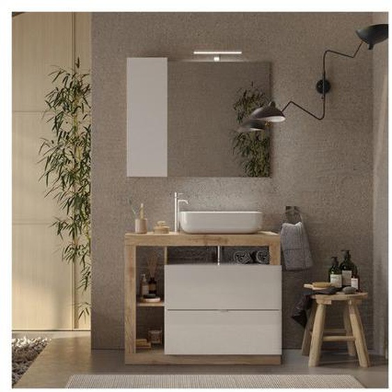 Meuble sous-vasque 92 cm Chêne naturel + vasque - ISCHIA - L 92 x l 49 x H 79 cm