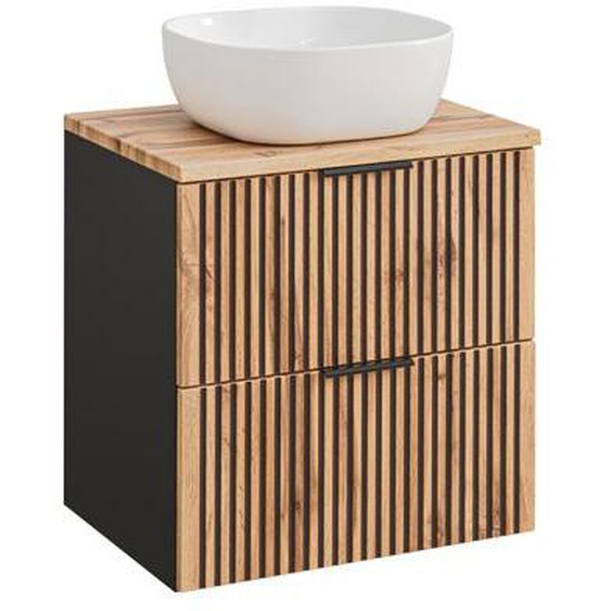 Meuble sous vasque à suspendre XILO NOIR CHÊNE 60 cm avec le plan CHÊNE et avec sa vasque VERA