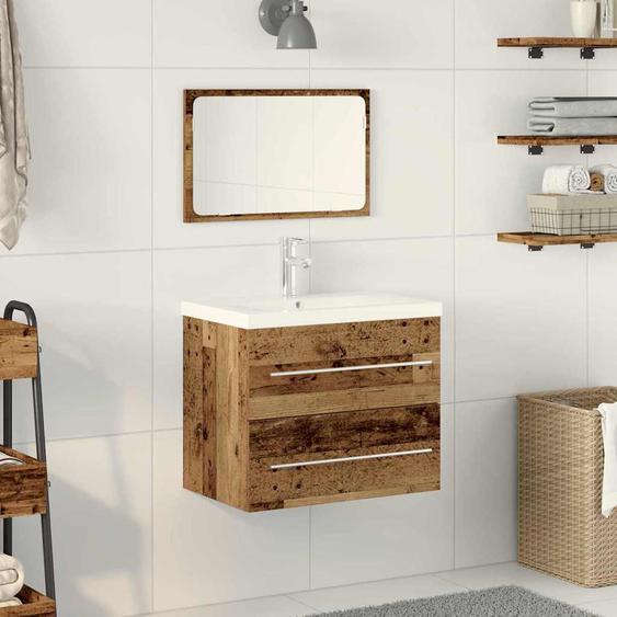 Meuble sous-vasque avec lavabo avec tiroir 2 pcs Bois ancien