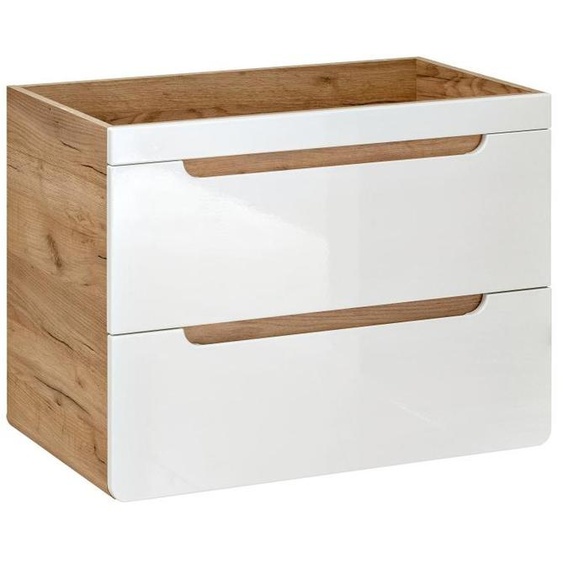 Meuble sous vasque ERBANO – Chêne clair et blanc brillant – 60x59 cm – 2 tiroirs – À suspendre