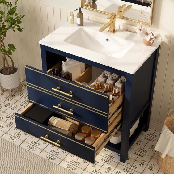 Meuble sous-vasque Fortuna Lai avec vasque en céramique – Meuble de salle de bain indépendant avec 2 tiroirs et compartiment ouvert, plateau MDF laqué haut de gamme, poignées dorées, sans robinetterie ni vidage