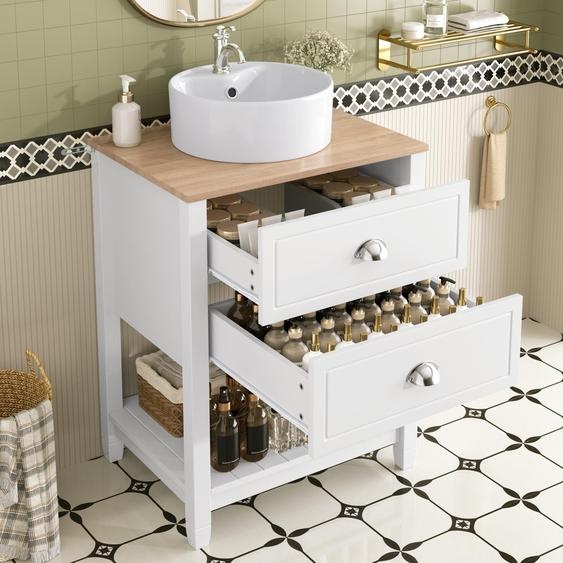 Meuble sous-vasque Fortuna Lai avec vasque ronde en céramique – Lavabo simple avec 2 tiroirs et compartiment de rangement ouvert – Meuble de salle de bain sur pied avec vasque en blanc et aspect bois