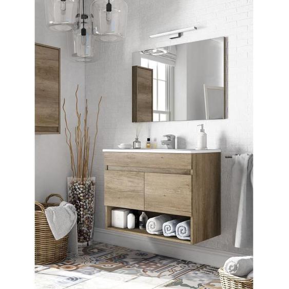 Meuble sous-vasque suspendu DMORA - Chêne imitation bois brut - 80 x 64 x 45 cm - Avec étagère et miroir