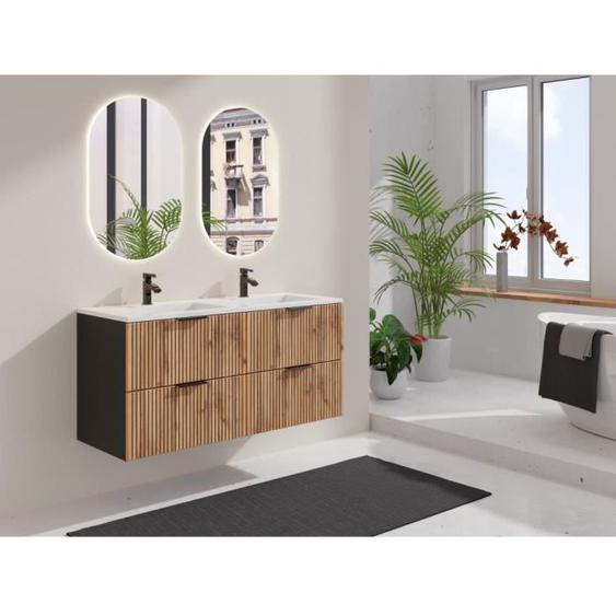 Meuble sous vasque suspendu strié - Naturel clair et noir - 120 cm - MADELA