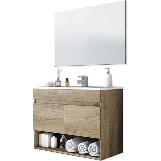 Meuble sous-vasque Suspendue avec 2 portes + miroir coloris nordik - 80 cm (longueur) x 64 cm (Hauteur) x 45 cm (Profondeur)