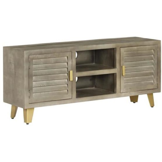 Meuble tele buffet tv television design pratique bois solide de manguier gris avec laiton 110 cm