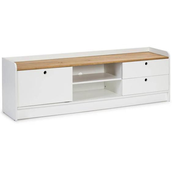 Meuble TV 1 Porte Coul. 2 Tiroirs Bois et Blanc - ALTOBUY - Carla - Blanc - Bois massif - Classique - Intemporel