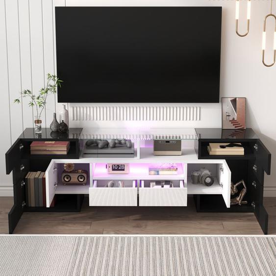 Meuble TV 145cm élégant. Petite taille , éclairage LED, écran rétroéclairé. Design moderne. Panneau en verre élégant , Noir