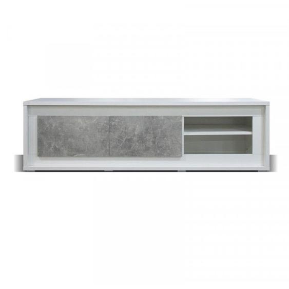 Meuble TV 2 portes 2 niches Blanc/Béton ciré à LEDs - RODIO - Blanc - Bois - L 170 x l 52 x H 49 cm - Meuble tv