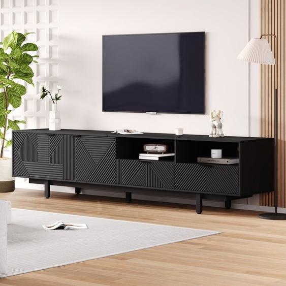 Meuble TV 2 Portes 2 Tiroirs Design lignes blanches Meuble de salon Pour TV 90 ,200x40x51 cm Noir