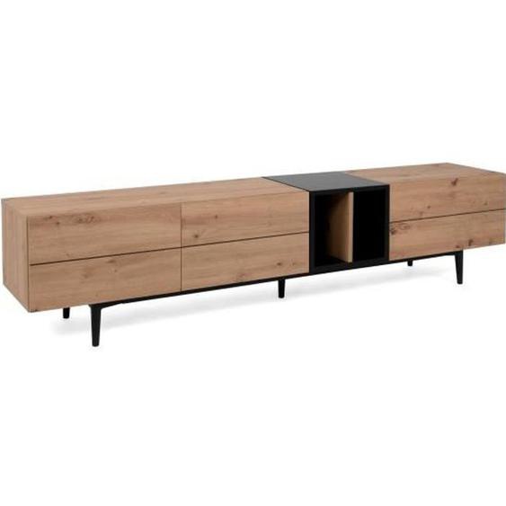 Meuble TV 3 abattants - Décor chêne et noir - L 195 x P 37 x H 48 cm - NOLA
