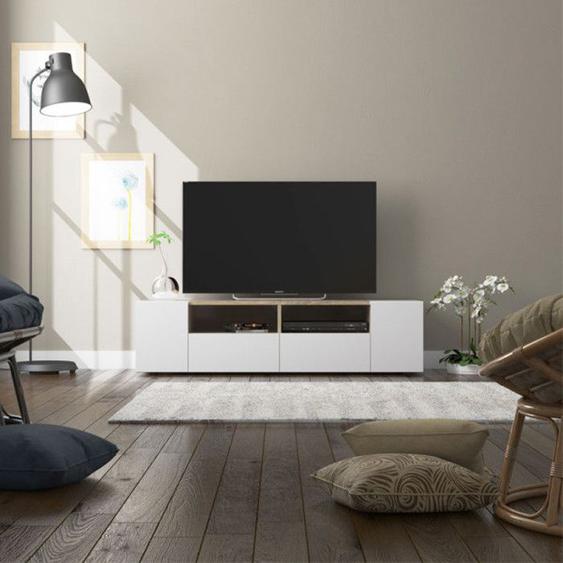 Meuble TV 4 portes Blanc/Chêne - MIKATO - Blanc - Bois - L 138 x l 42 x H 36 cm - Meuble tv