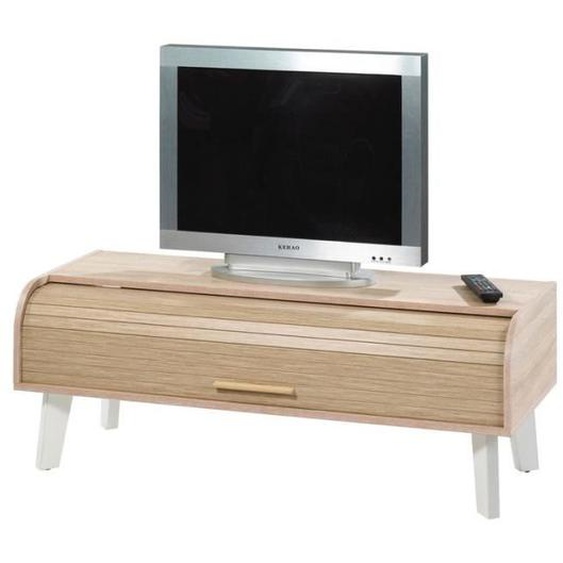 Meuble TV à rideau - ARKOS n°3 - Bois clair et blanc - Style scandinave - Moderne