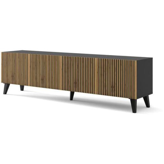 Meuble TV - AC-Déco - Meuble TV à 4 portes avec pieds noir Ravenna - Marron clair/Noir - L 200 cm